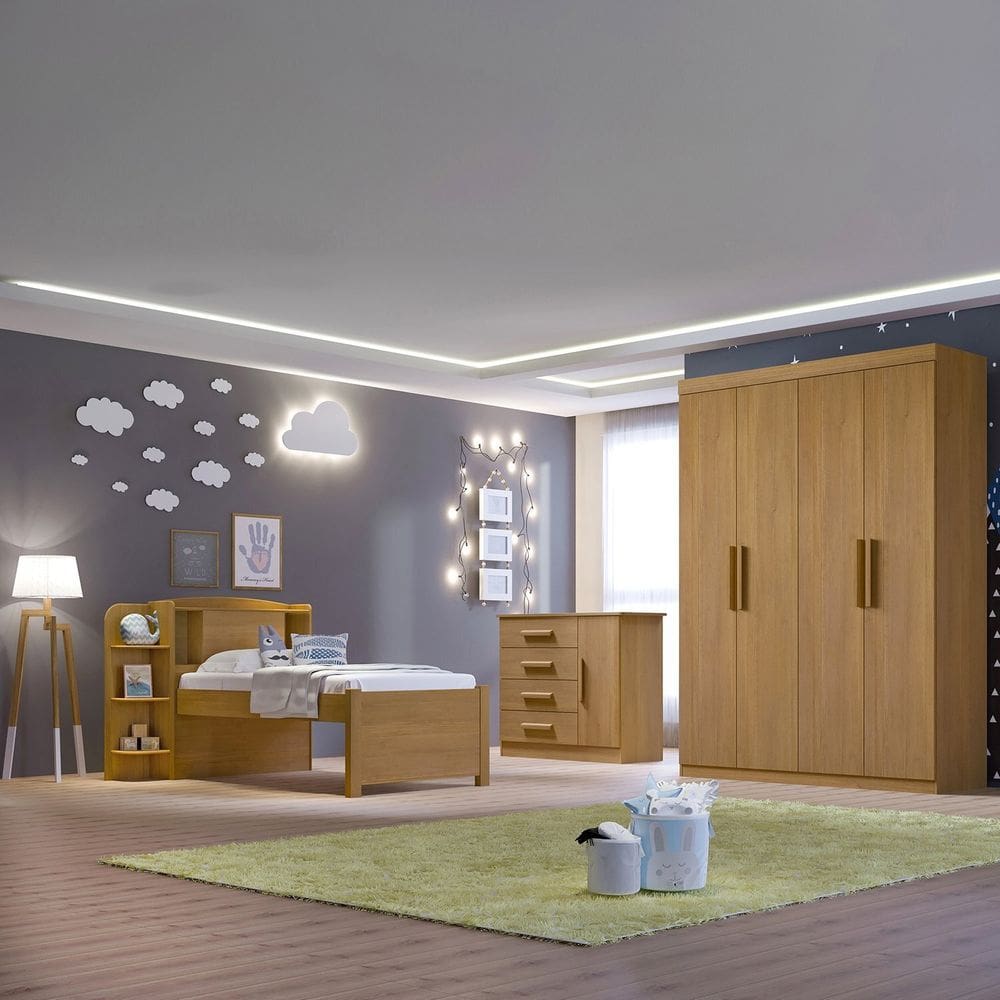Quarto Infantil Completo com Guarda-Roupa Cama 100% MDF e Cômoda Angel Cinamomo