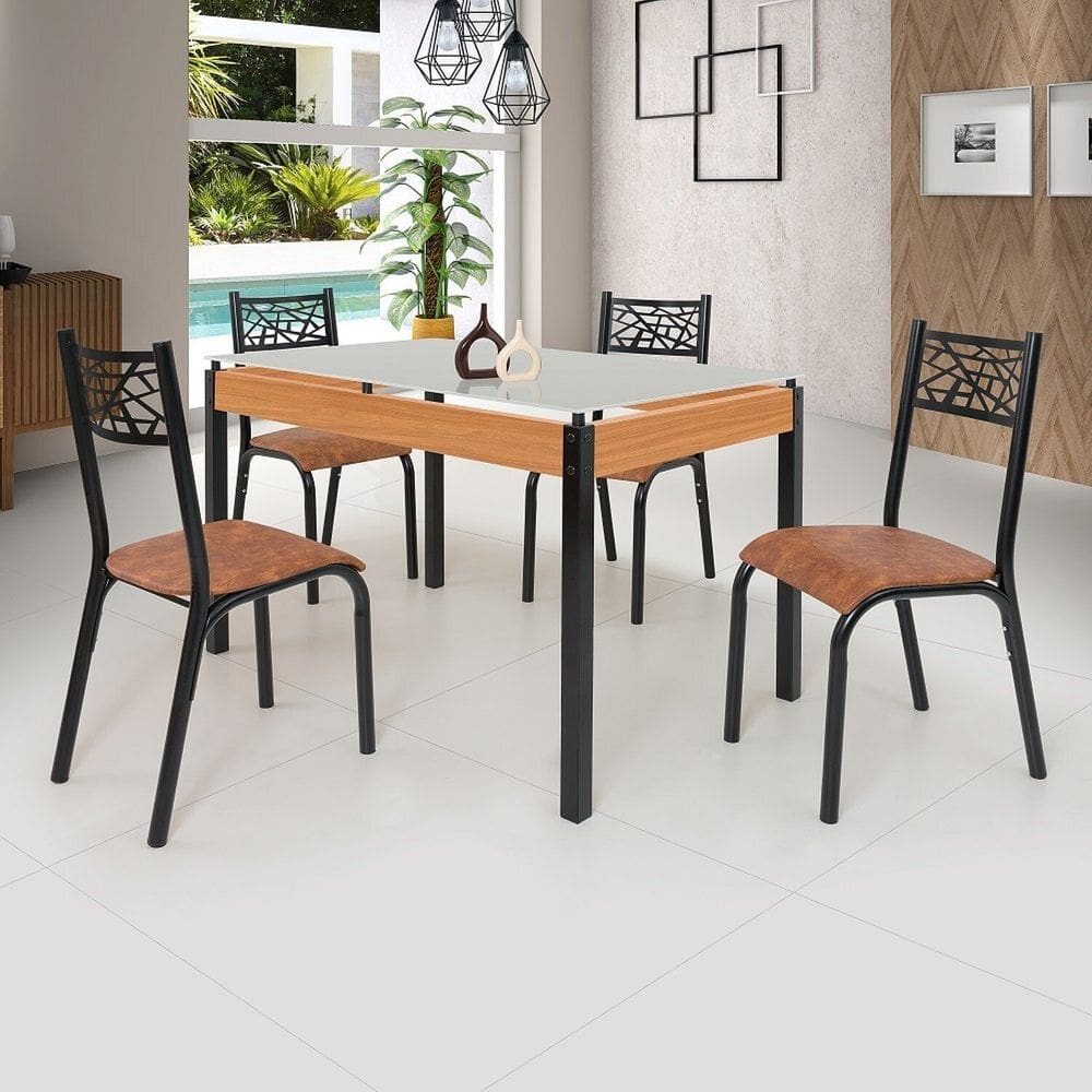 Conjunto Sala de Jantar Mesa 120x77cm Tampo Vidro com 4 Cadeiras Jade Preto fosco / Caramelo