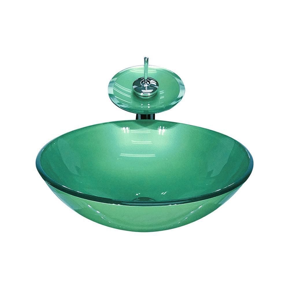 Cuba Vidro Redonda 31Cm Verde + Válvula + Torneira Cascata