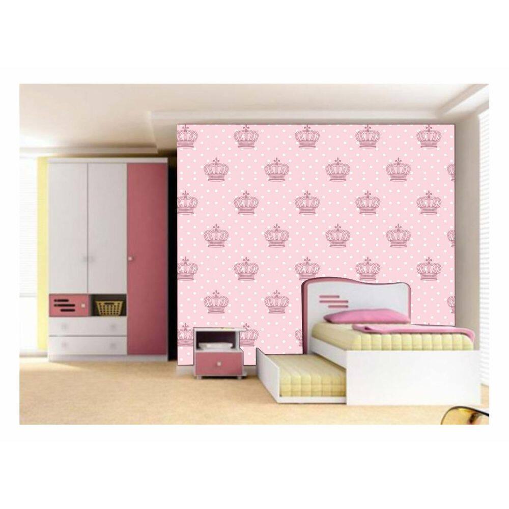 Papel De Parede Adesivo Poá Coroa Rosa 300X52Cm Quarto