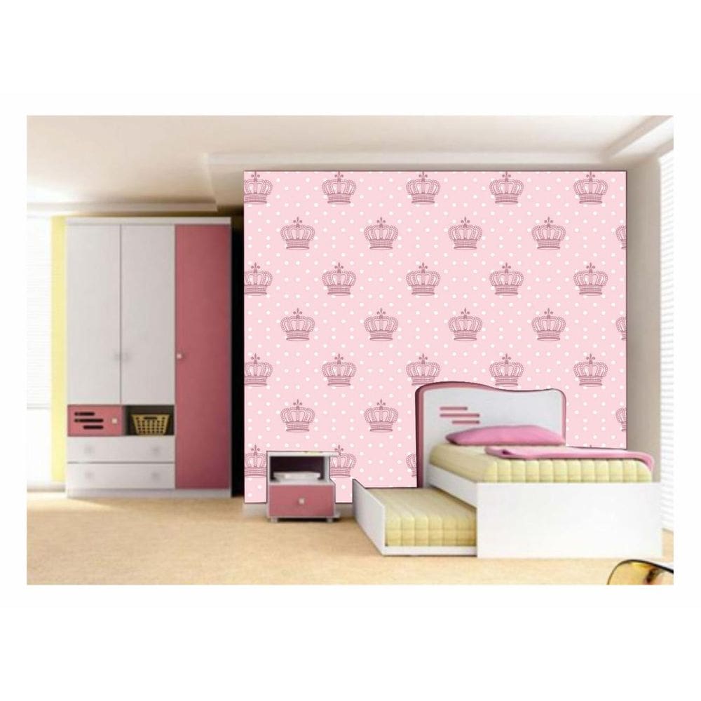 Papel De Parede Adesivo Poá Coroa Rosa 300X52Cm Quarto