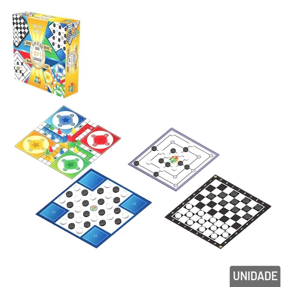Jogo de Tabuleiro 4 EM 1 Dama Trilha Ludo Resta 1 - Tudo em Caixa