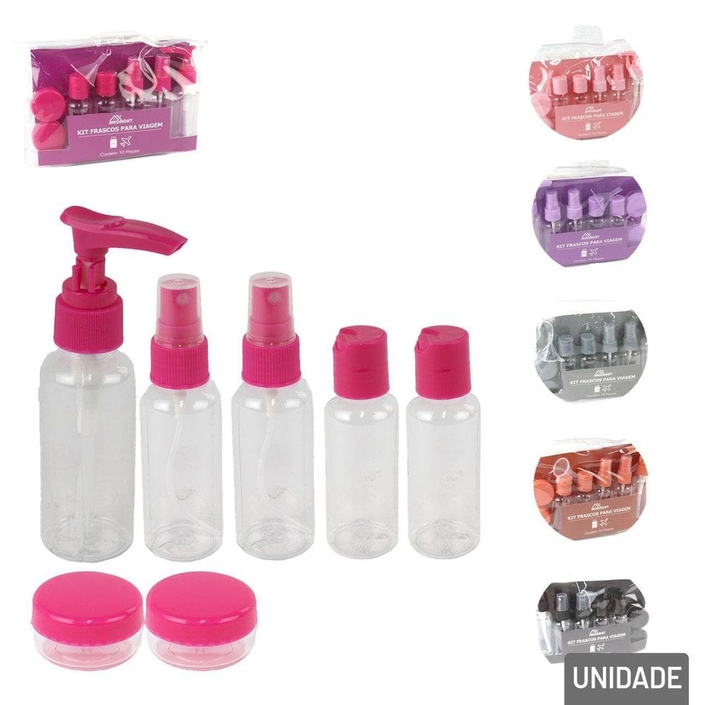 KIT Frasco Para Viagem de Plástico 9 Peças Color - Tudo em Caixa