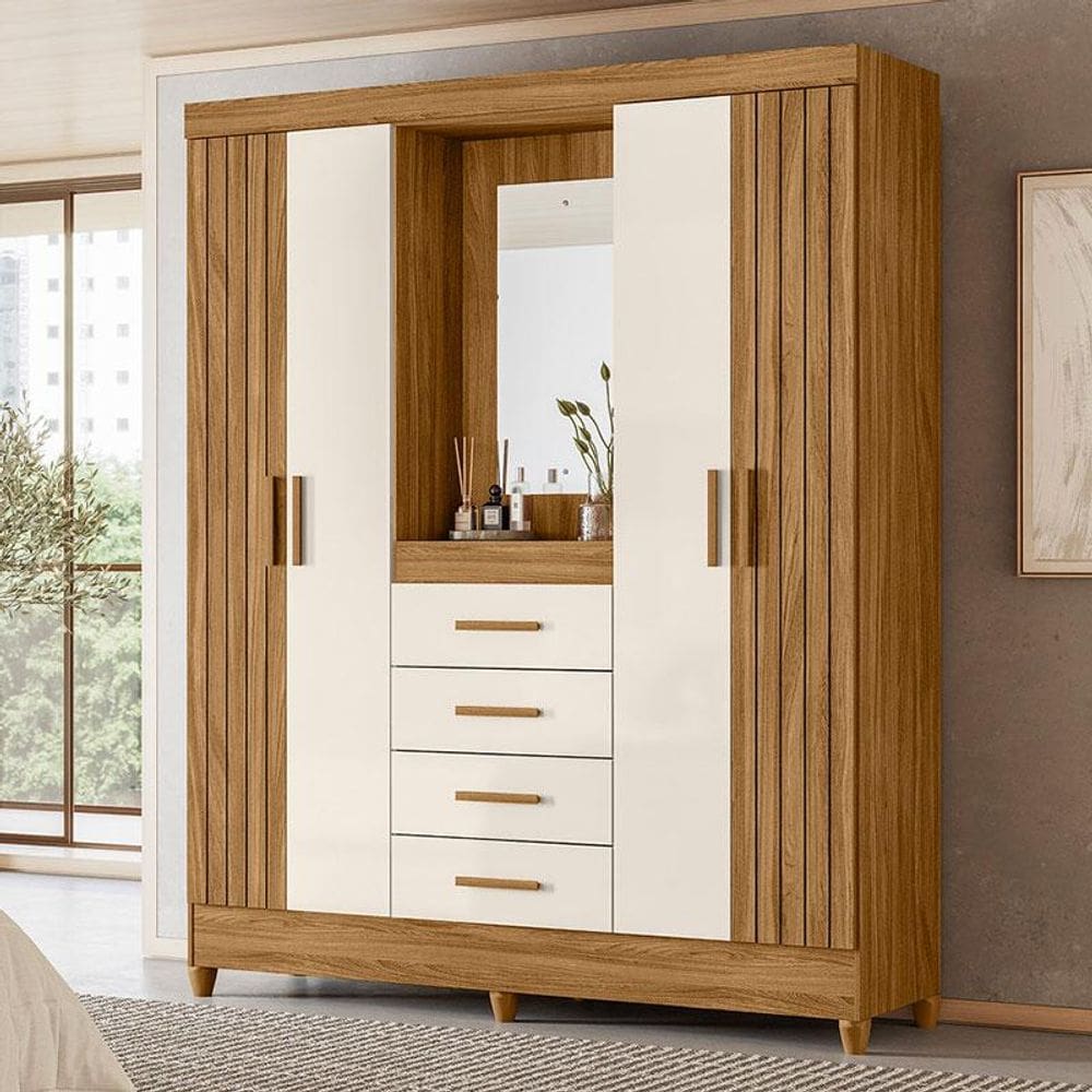 Guarda Roupa Solteiro Ambiente Atenas com Espelho 4 Portas Freijó Off White- Moval