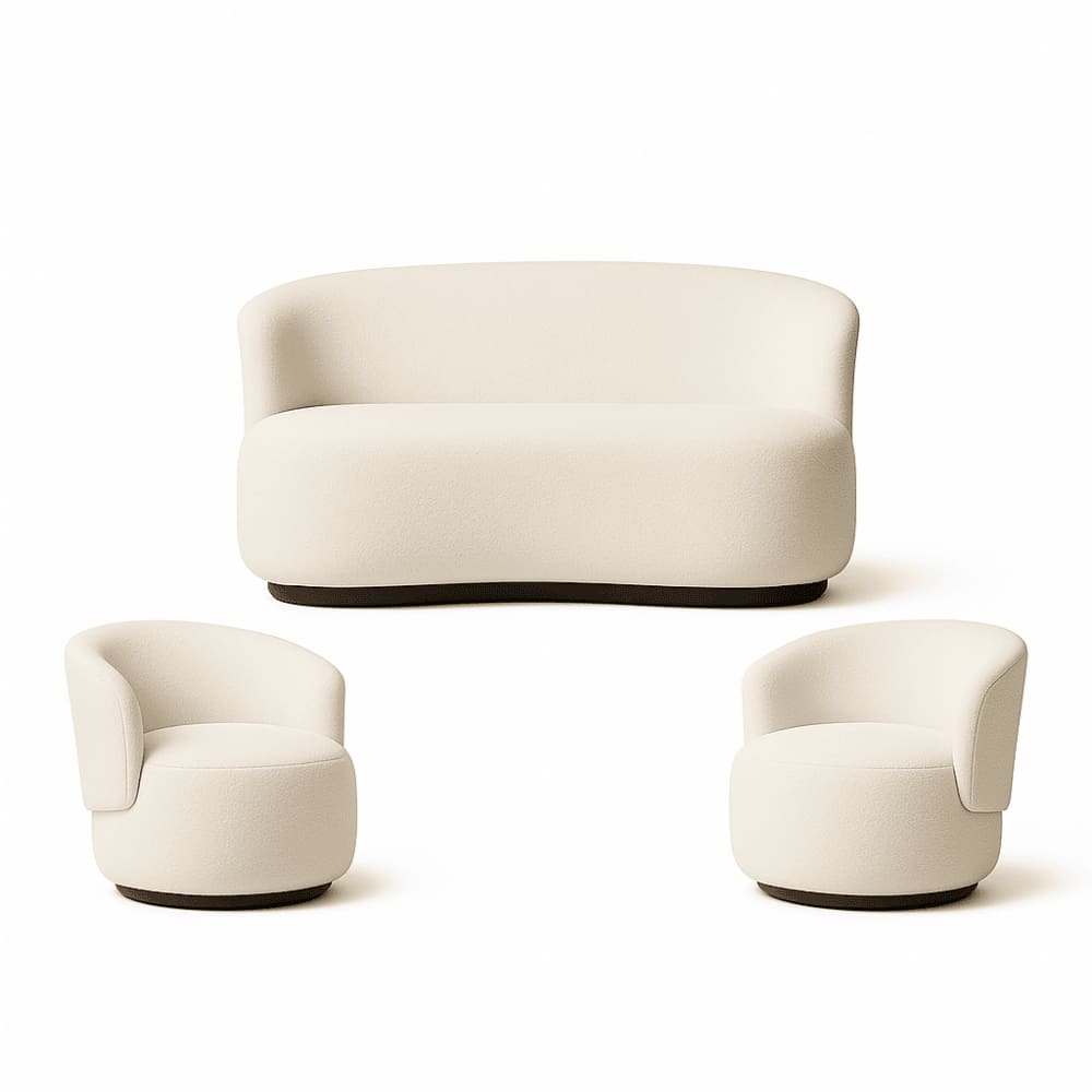 Kit 02 Poltronas + Namoradeira Decorativa Sala Estar Orgânica Beatriz Boucle Bege - Montanaris Decor