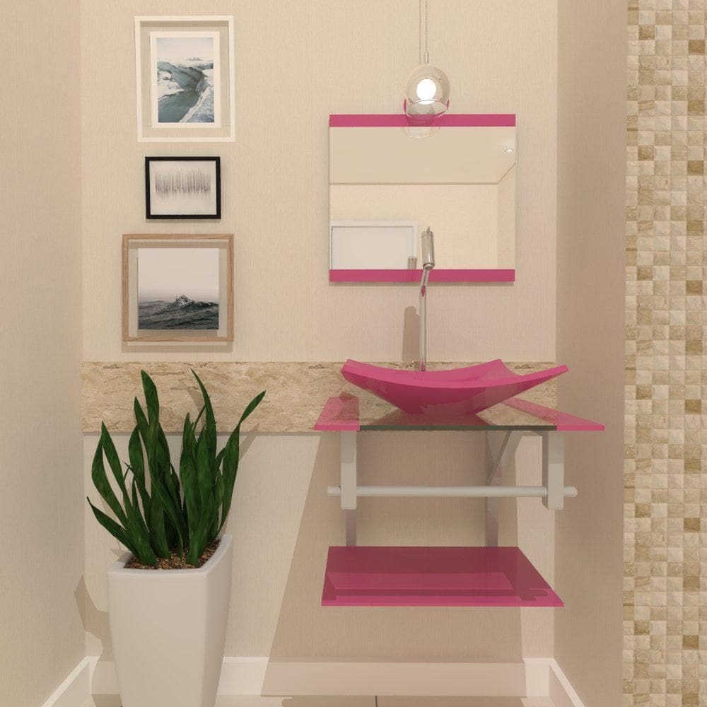 Gabinete De Vidro 45Cm Com Cuba Quadrada Rosa + Torneira