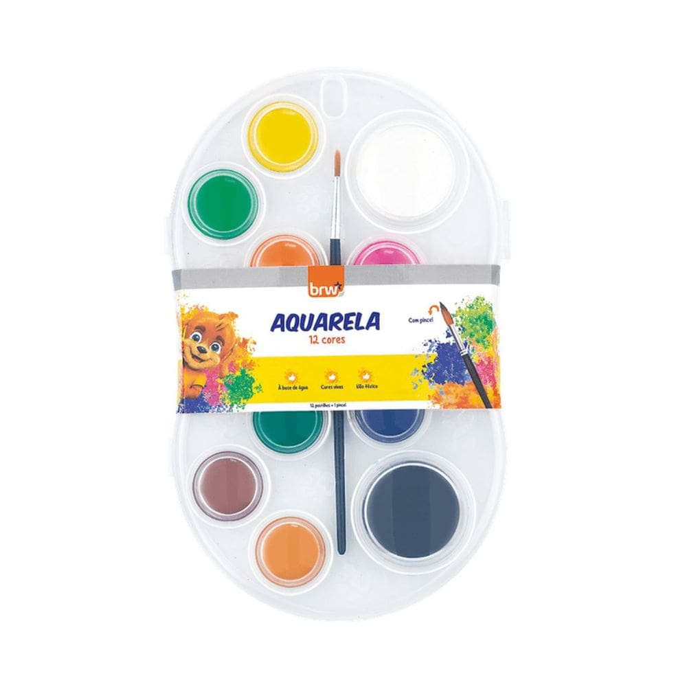 Tinta Aquarela em Pastilha Estojo 12 Cores Vibrantes com Pincel - Brw | Papelaria | Colorir | Pintar | Material Escolar