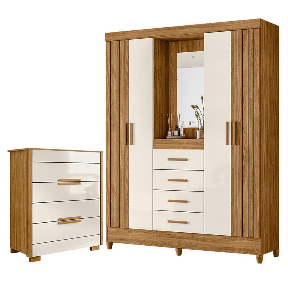 Guarda Roupa Solteiro com Espelho Atenas e Cômoda Dhara Freijó Off White - Moval