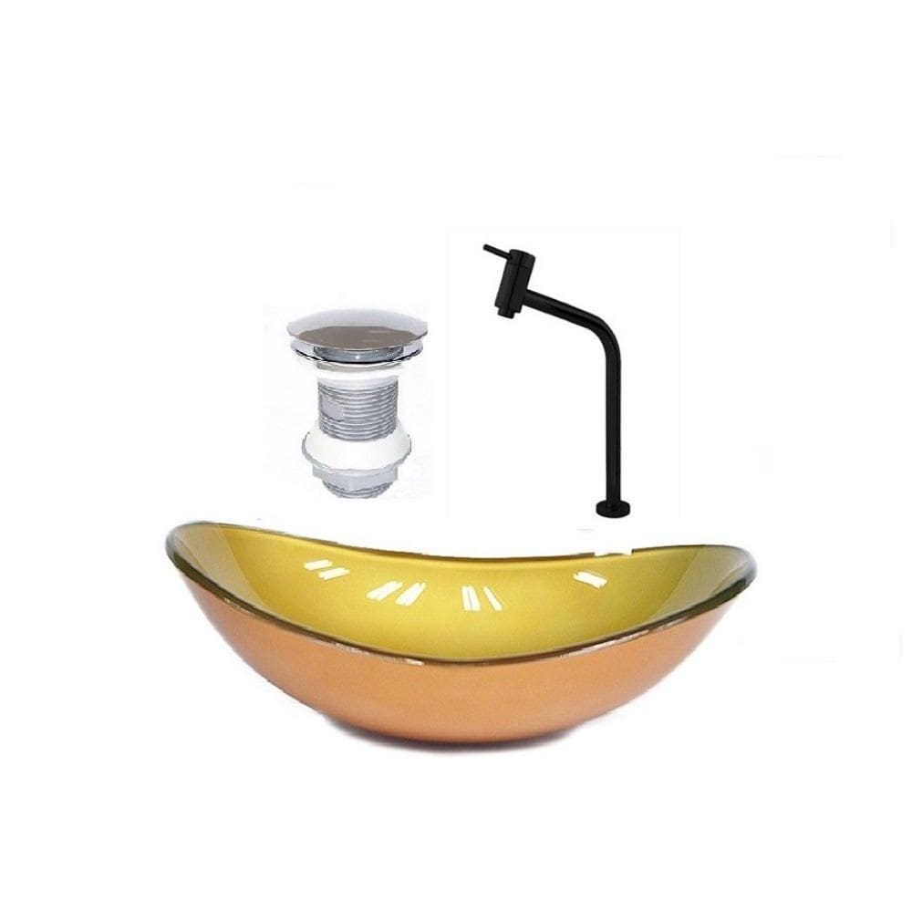 Cuba Vidro Oval 47Cm Dourado Real + Valvula + Torneira Preta