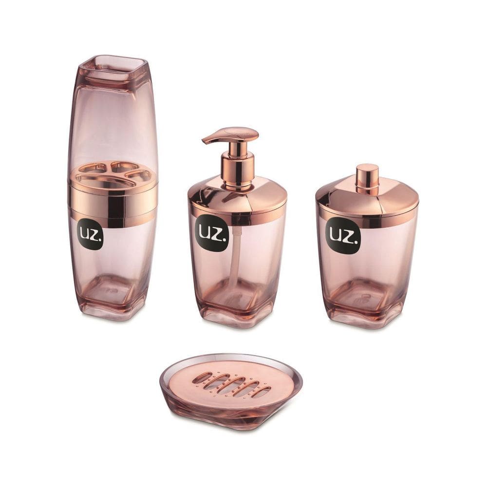 Kit Higiene Para Banheiro 4Pçs Com Porta Escova Uz Rosê Gold