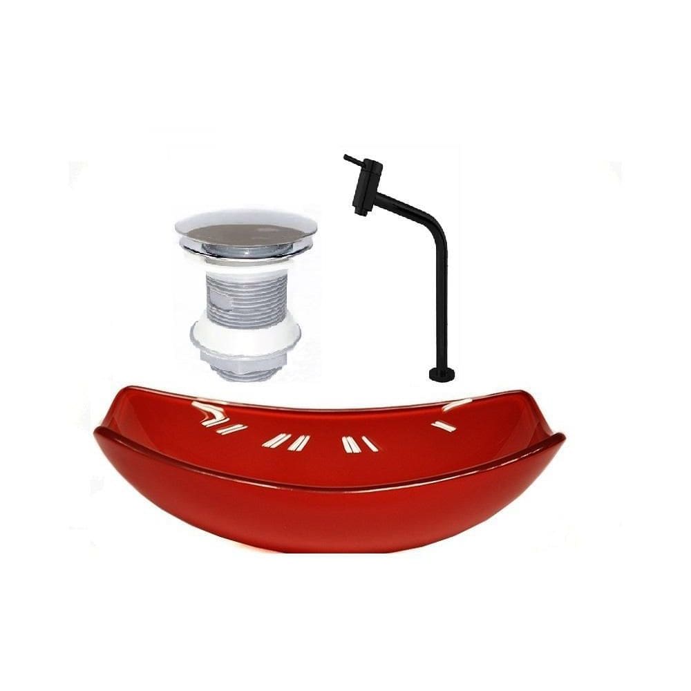 Cuba De Vidro Oval Chanfrada 51Cm Vermelho Válvula Torneira
