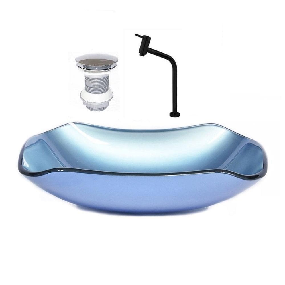 Cuba de Vidro Abaulada 51cm Azul + Válvula + Torneira Preta