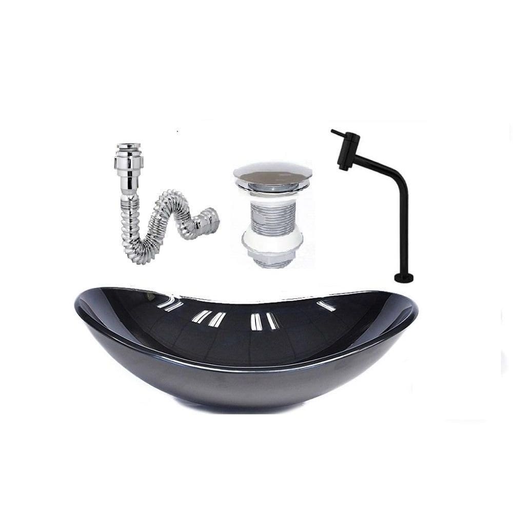 Cuba De Vidro Oval Jateada + Valvula + Torneira Preta +Sifao
