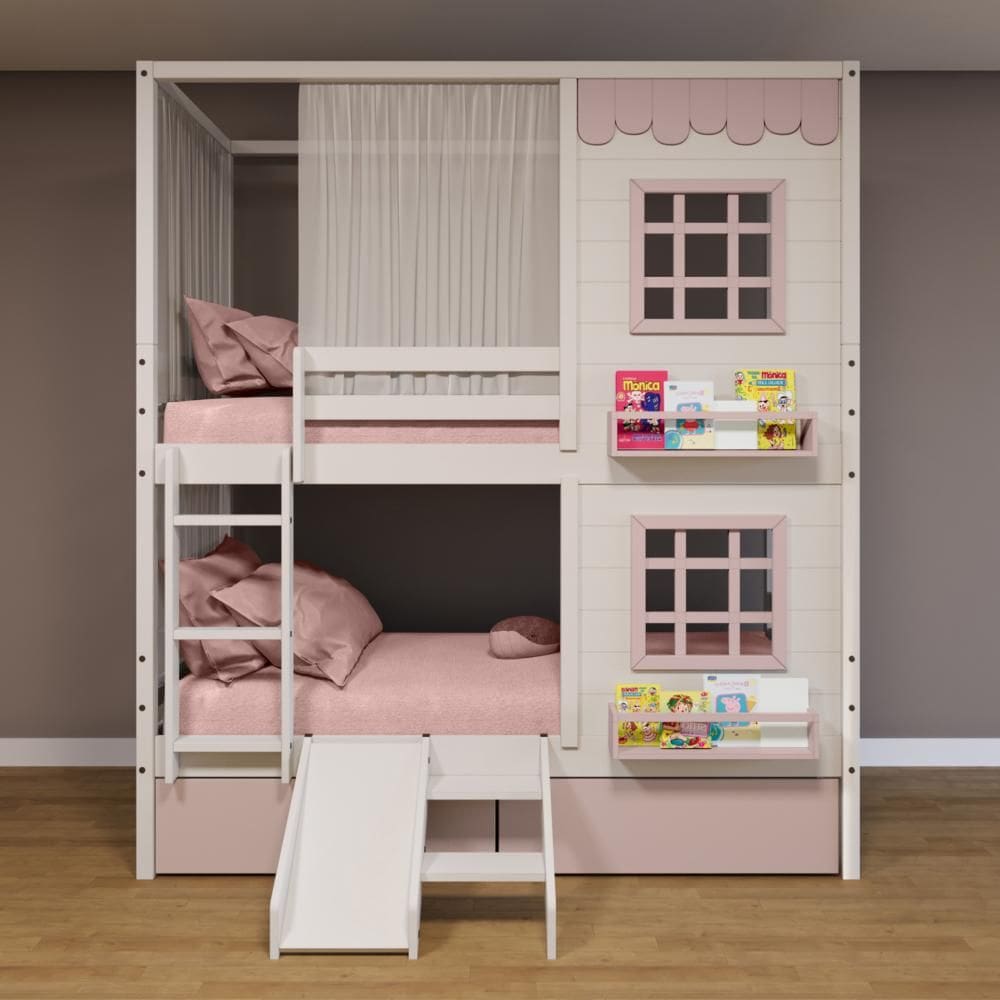 Beliche Casinha Reta 02 Janelas 02 Gavetas Rosa Cortina e Escorregador Madeira Maciça Branco/ Rosa Housin