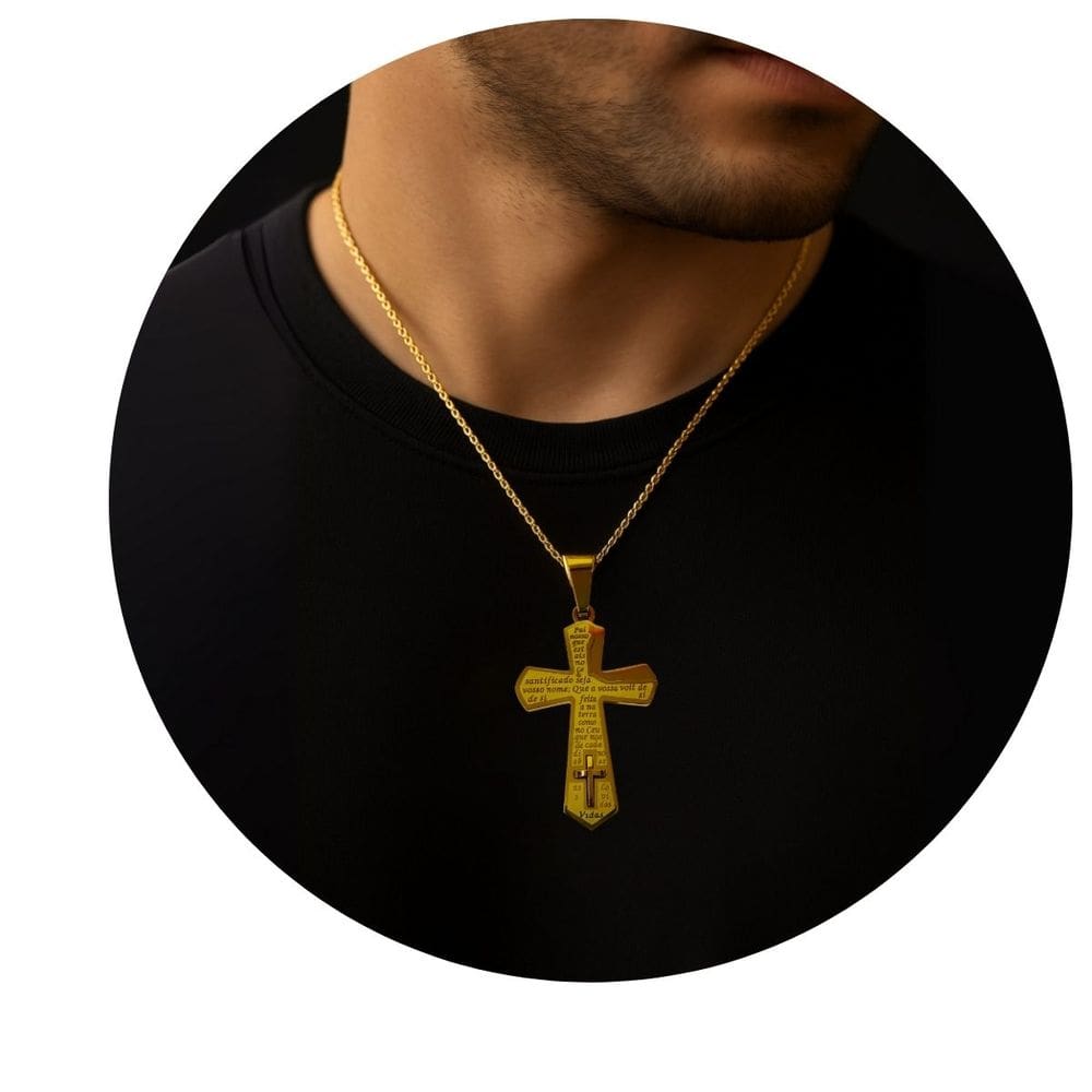 Pingente Cruz Dourada com Oração Pai Nosso em Aço Inox