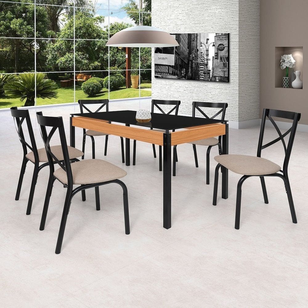 Conjunto Sala de Jantar Mesa 140cm X 77cm Tampo Vidro com 6 Cadeiras Karina Preto Fosco / Bege