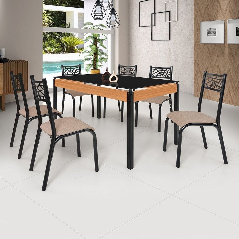 Conjunto Sala de Jantar Mesa 140cm X 77cm Tampo Vidro com 6 Cadeiras Jade Preto Fosco / Bege