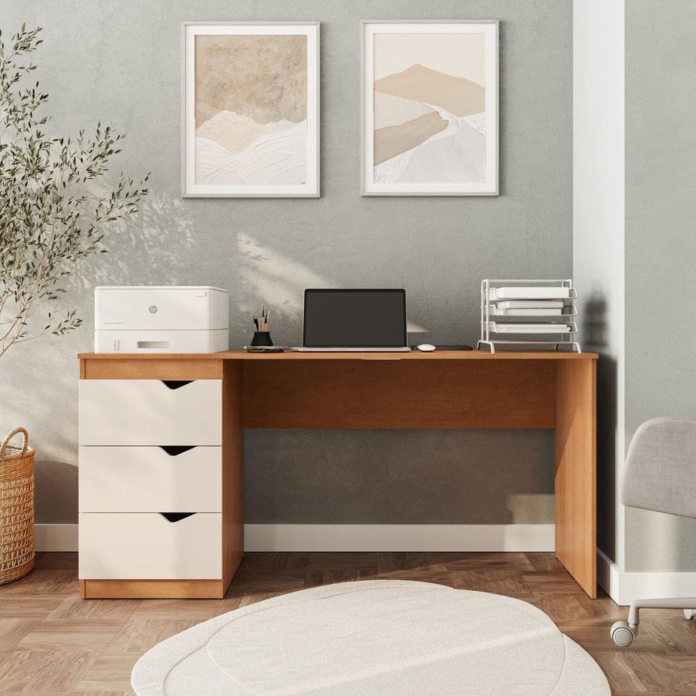 Escrivaninha 3 Gavetas 163cm X 77cm Porto Creme/Freijó