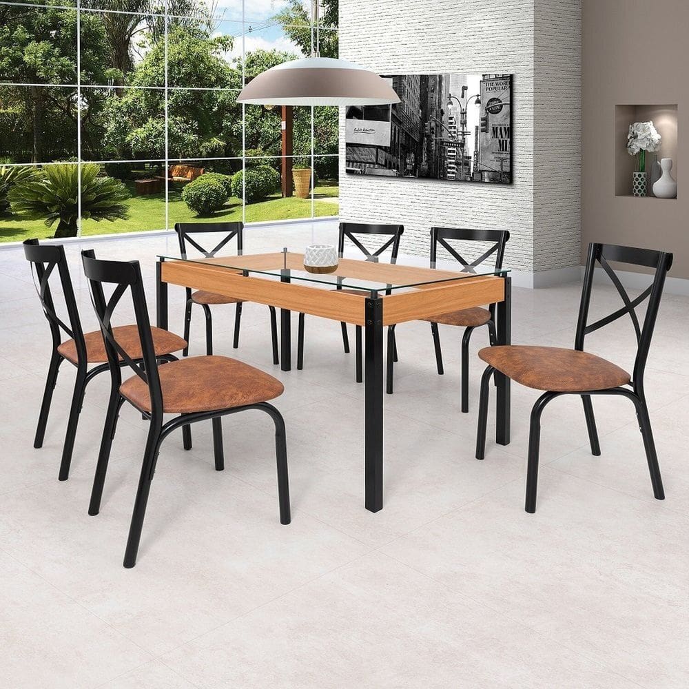 Conjunto Sala de Jantar Mesa 140cm X 77cm Tampo Vidro com 6 Cadeiras Karina Preto fosco / Caramelo