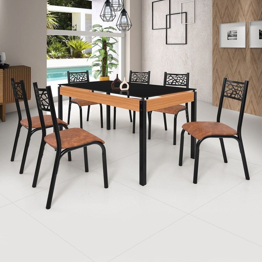 Conjunto Sala de Jantar Mesa 140cm X 77cm Tampo Vidro com 6 Cadeiras Jade Preto fosco / Caramelo