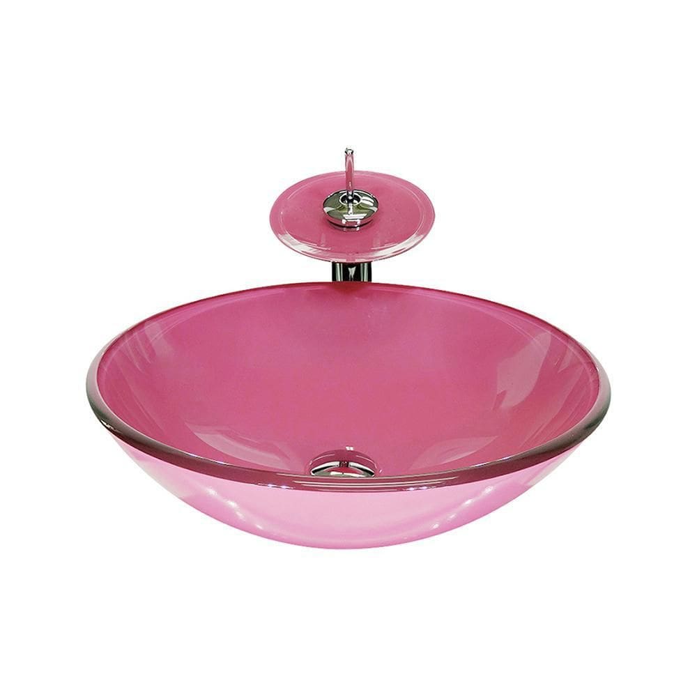 Cuba De Vidro Redonda 35Cm Rosa + Valvula + Torneira Cascata
