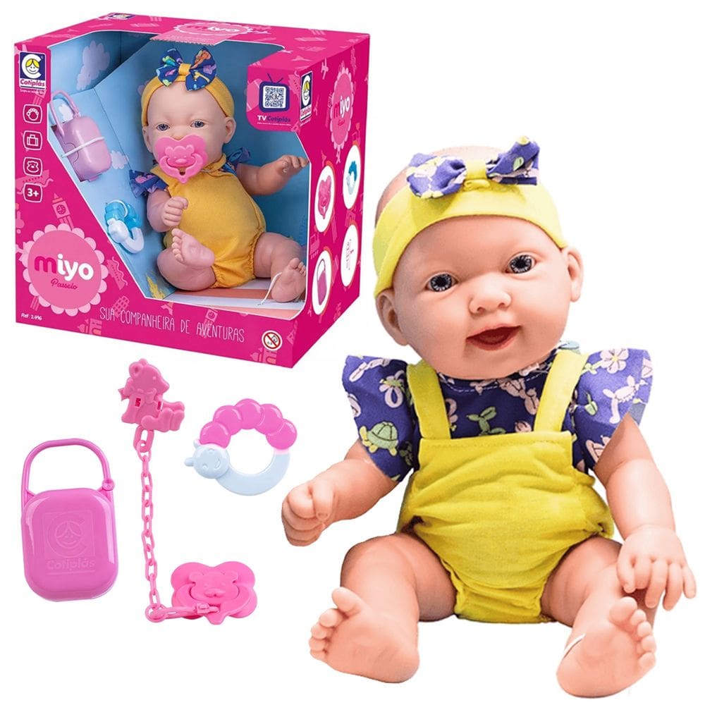 Boneca 34cm Articulada Bebê Miyo Passeio Acessórios Cheirosa