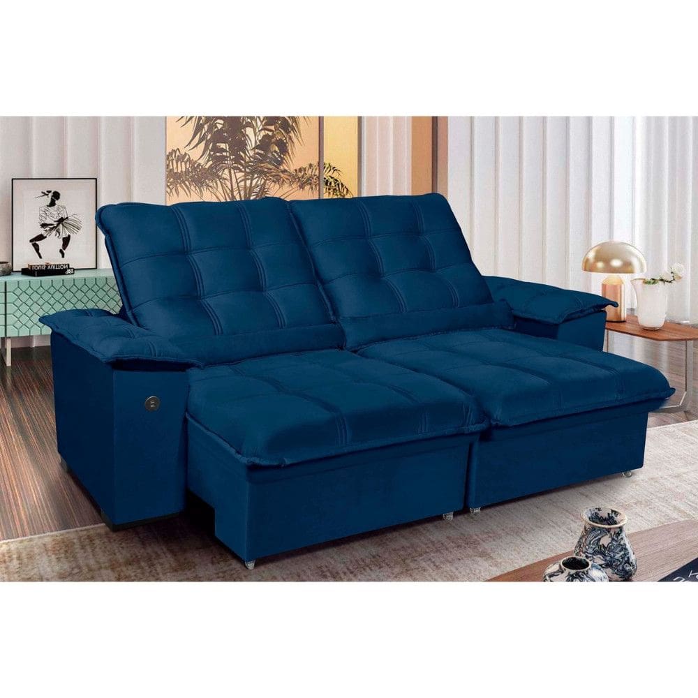 Sofá 4 Lugares Retrátil Reclinável 250cm com USB Veludo Canadá Requinte