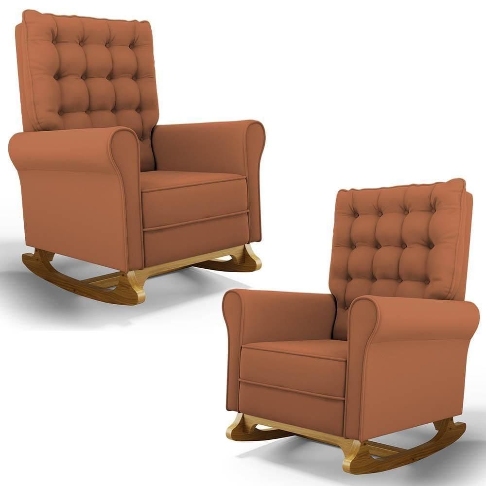 Kit 02 Poltronas De Amamentação Base Madeira Balanço Brenda G05 Veludo Terracota - Mpozenato