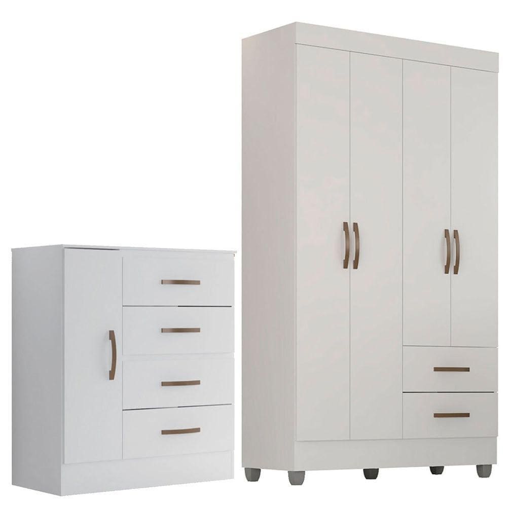 Kit Guarda-roupa Solteiro 4 Portas Com Cômoda Sapateira Lisa Branco