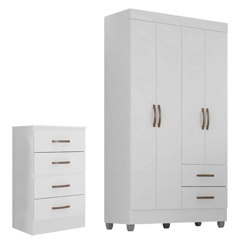 Kit Guarda-roupa Solteiro 4 Portas E Cômoda 4 Gavetas Lisa Branco