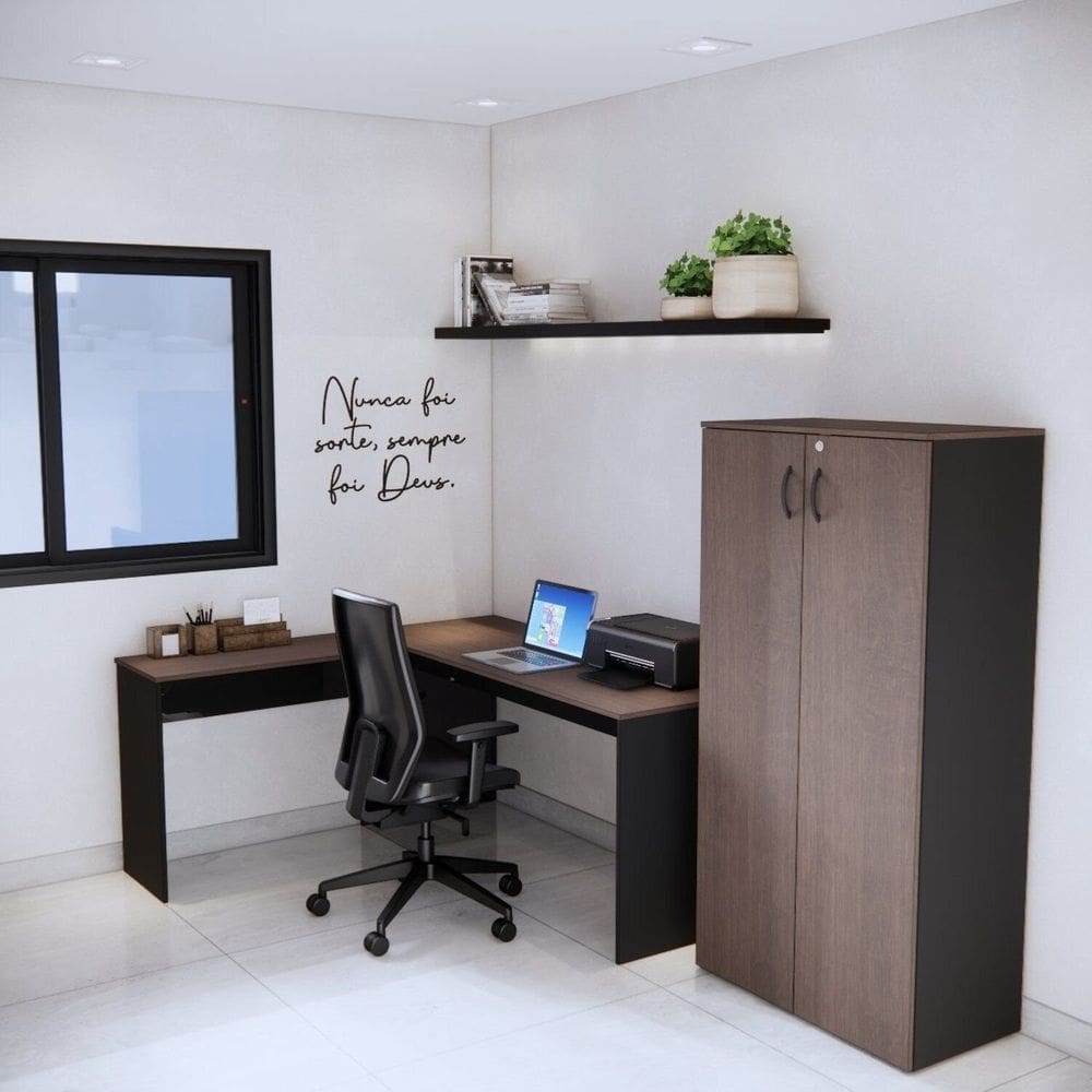Armário de Escritório Alto com 2 Portas Chave de Fechadura e 3 Prateleiras Multiuso Studio Metalwood Nogueira / Preto
