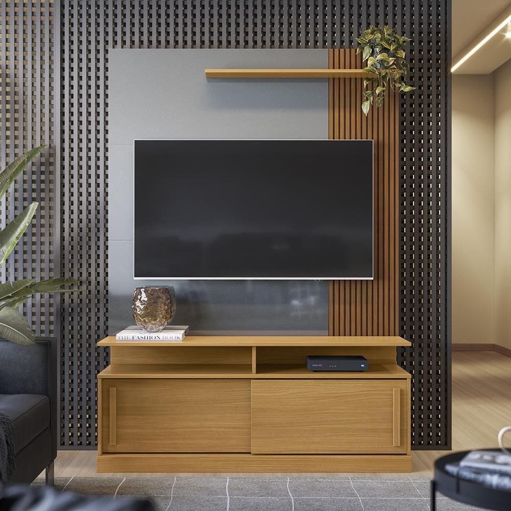 Rack Home Painel Chicago - Mdf Rodízios E Portas De Correr Para Até 60" Tauari-cinza Perolizado - Lukaliam Móveis