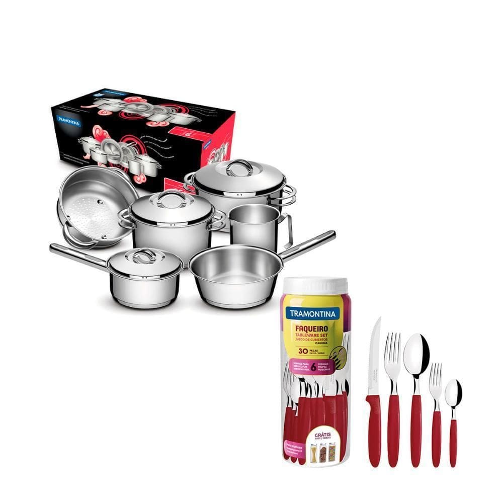 Jogo De Panelas 6Pçs Inox + Faqueiro 30Pçs Verm. Tramontina