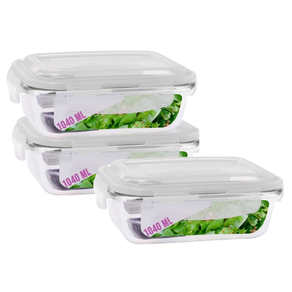 Jogo 3 Potes Vidro Retangular Marmitas Tampa 4 Travas 1040ml