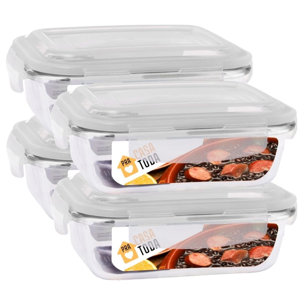 Conjunto 4 Potes Vidro Retangular 1040ml Com Tampa Marmitas Fitness