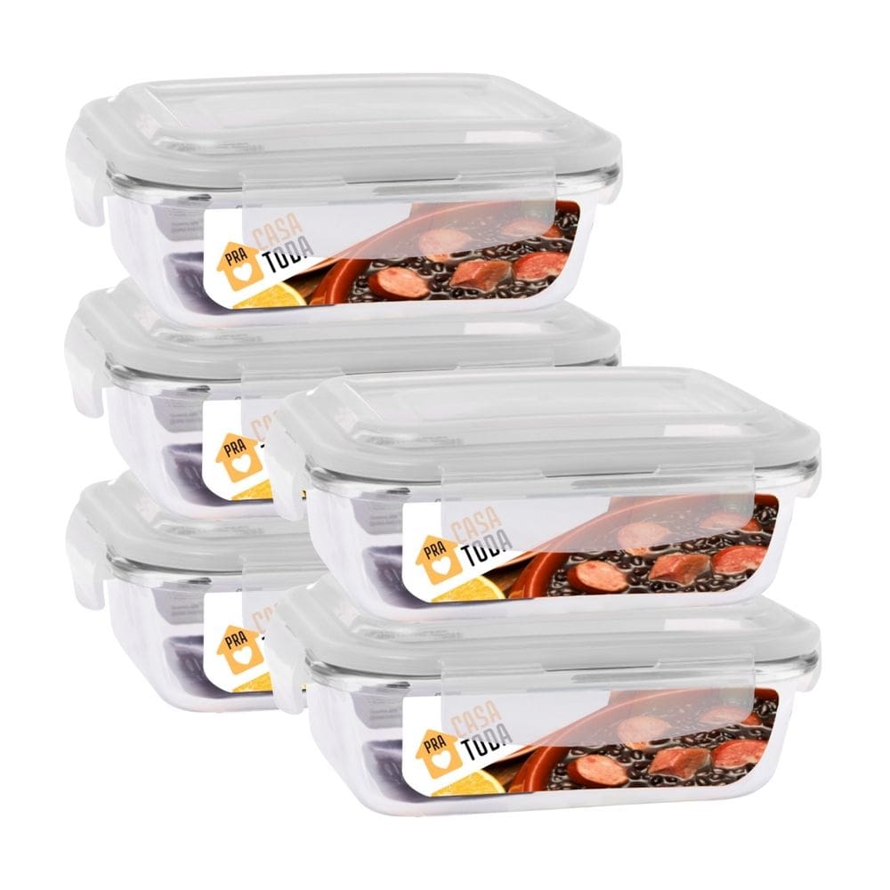 Conjunto 5 Potes Vidro Retangular 1040ml Com Tampa Marmitas Fitness