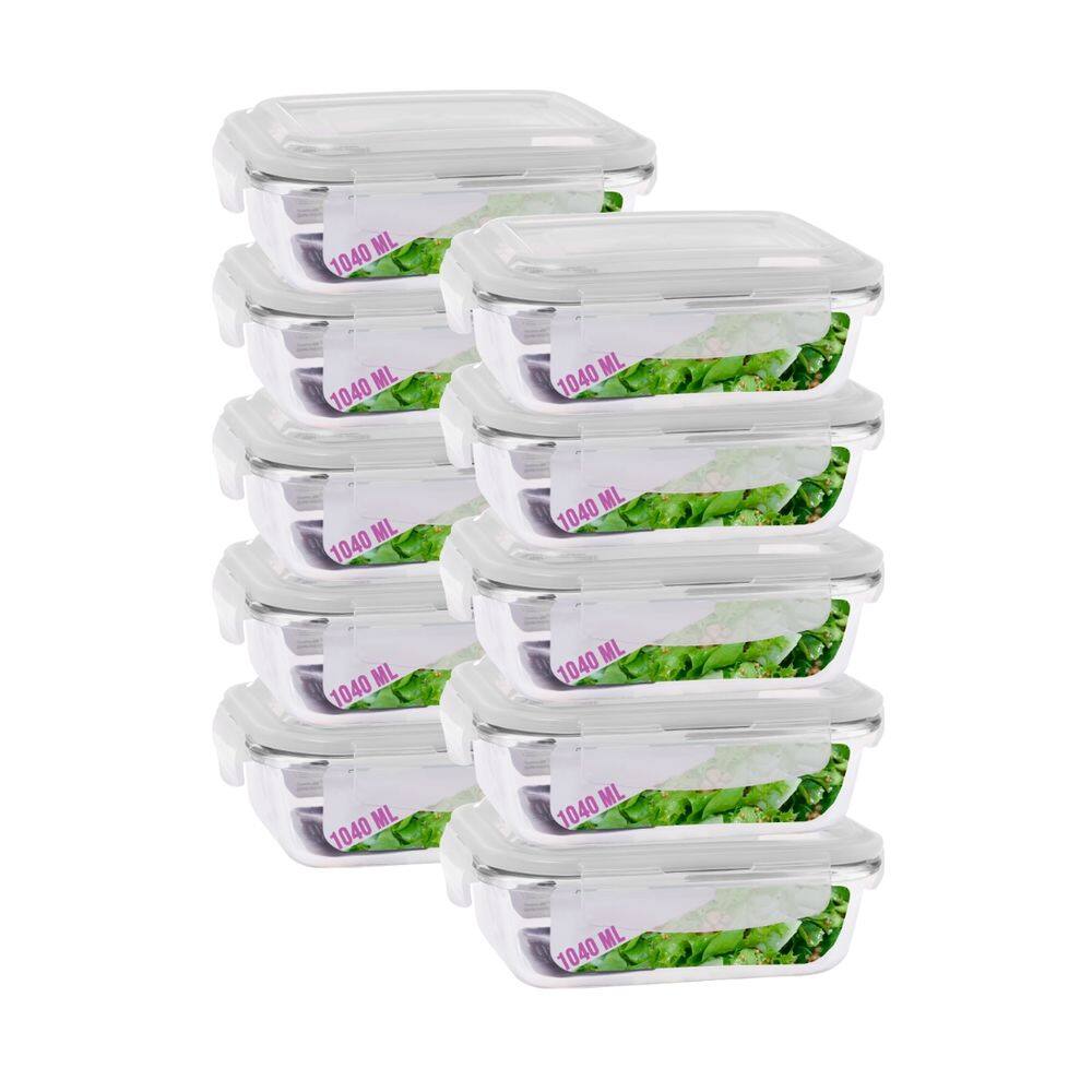 Kit 10 Potes Hermetico Vidro Transparente 1040ml Marmitas 4 Travas