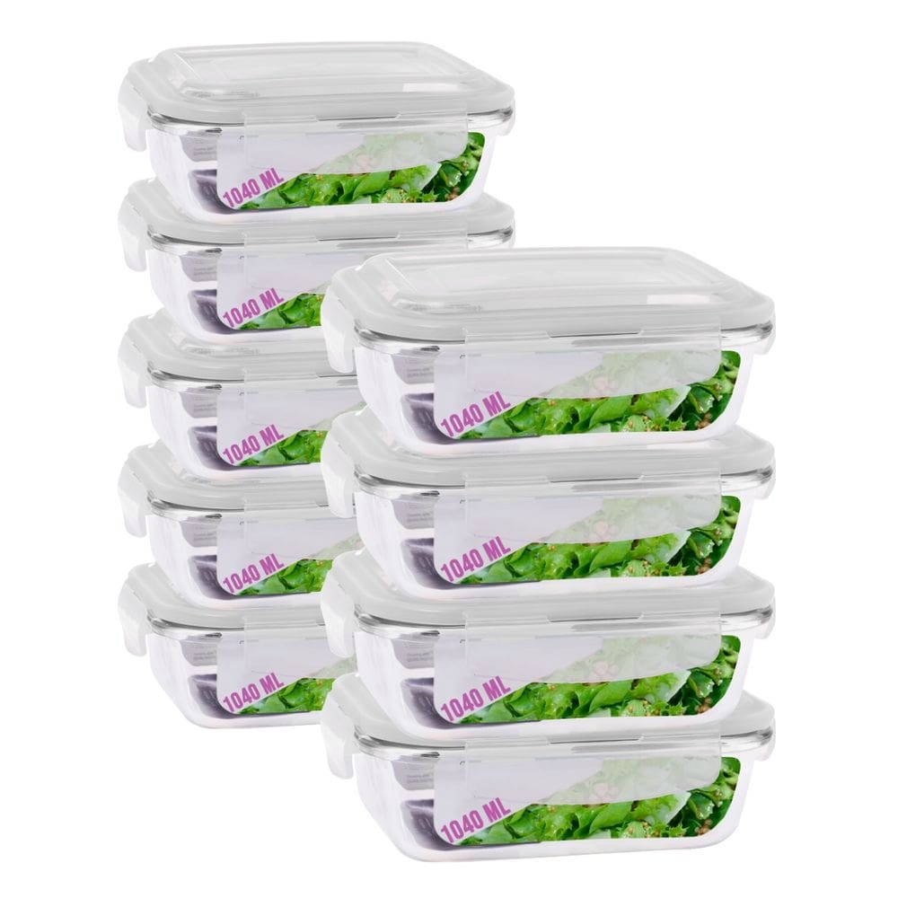 Jogo 9 Potes Vidro Retangular Marmitas Tampa 4 Travas 1040ml