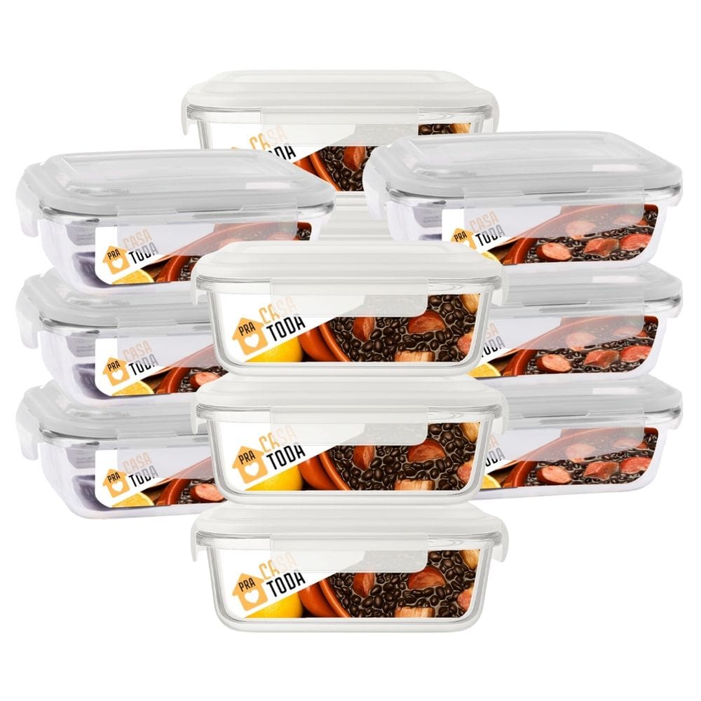 Conjunto 12 Potes Vidro Retangular 1040ml Com Tampa Marmitas Fitness