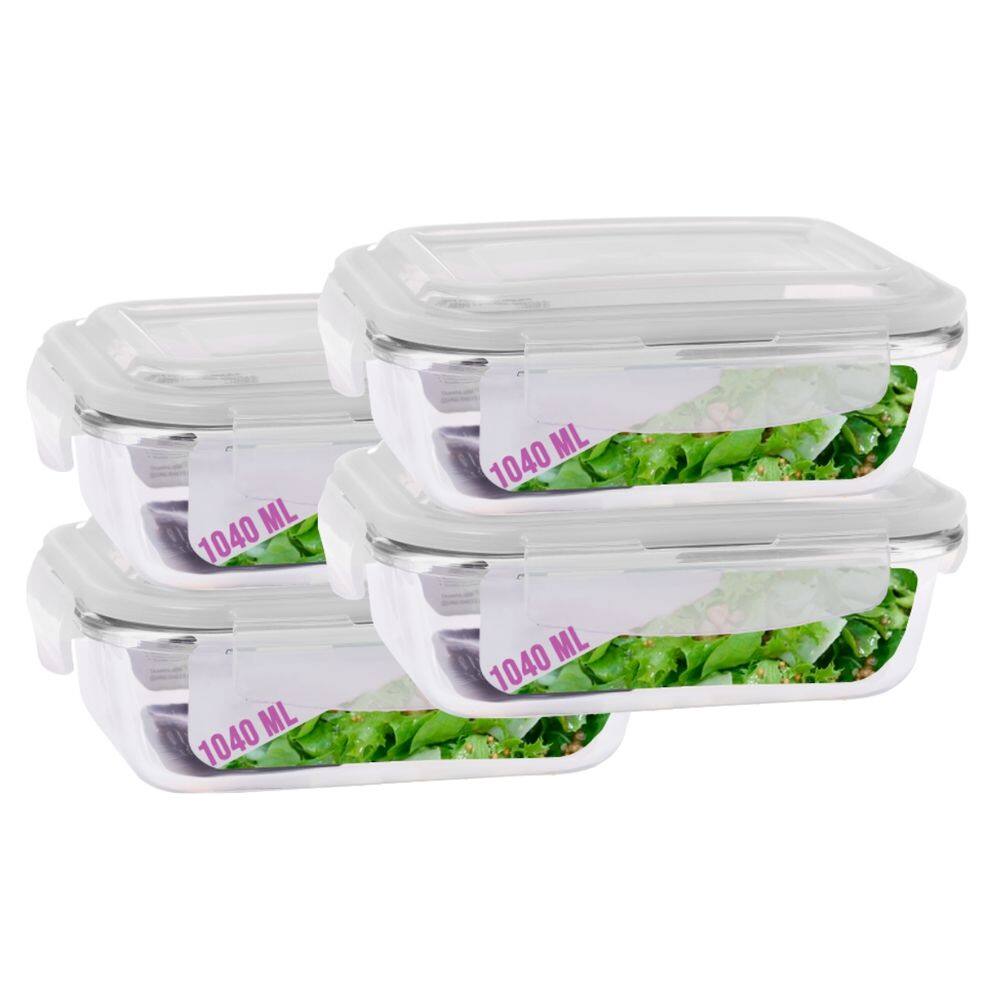Jogo 4 Potes Vidro Retangular Marmitas Tampa 4 Travas 1040ml