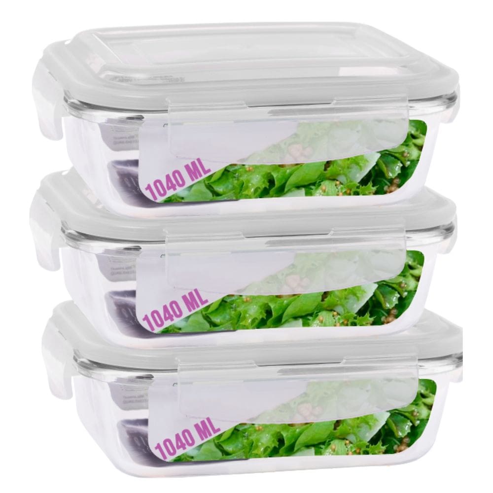 Kit 3 Potes Hermetico Vidro Transparente 1040ml Marmitas 4 Travas