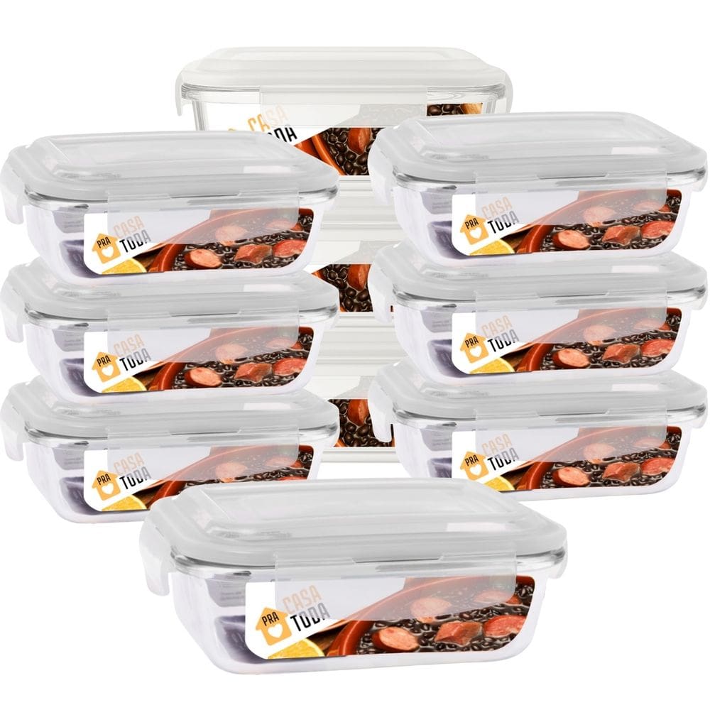 Conjunto 10 Potes Vidro Retangular 1040ml Com Tampa Marmitas Fitness