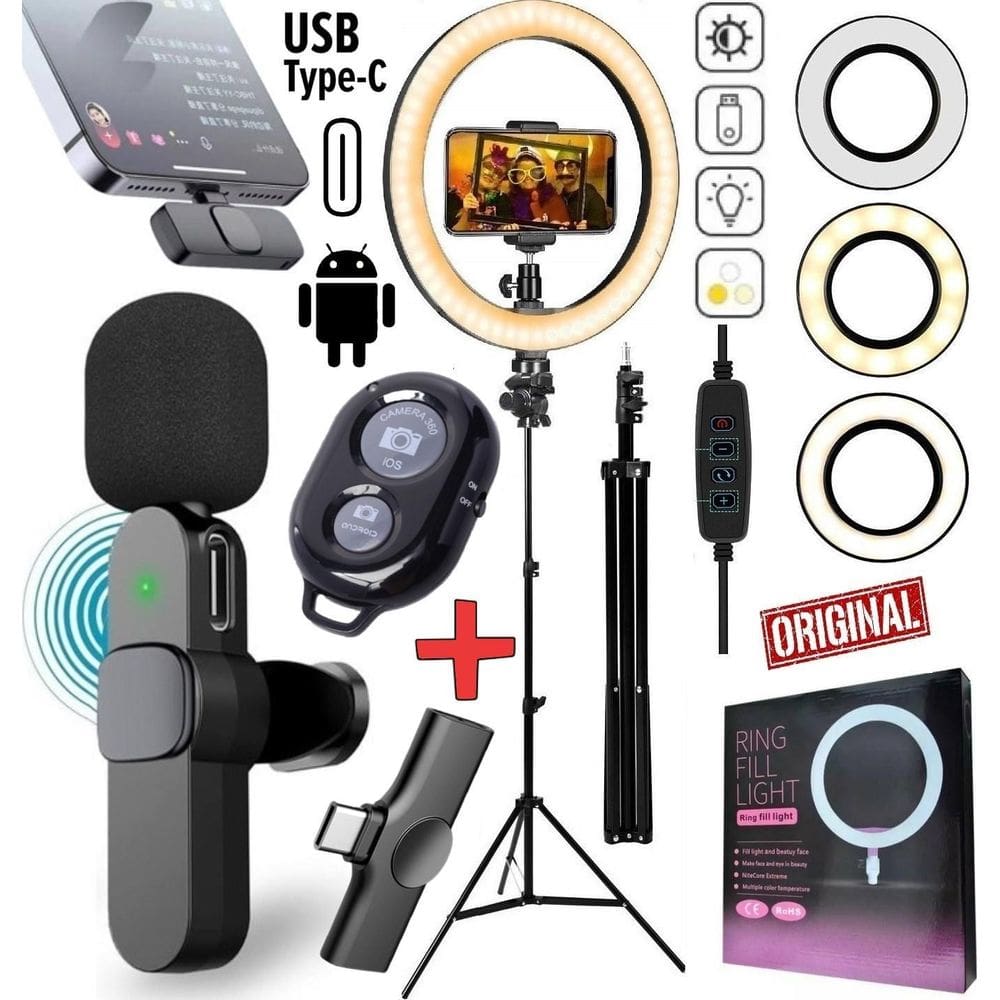Kit Gravação Profissional Tripé Microfone Sem Fio Celular
