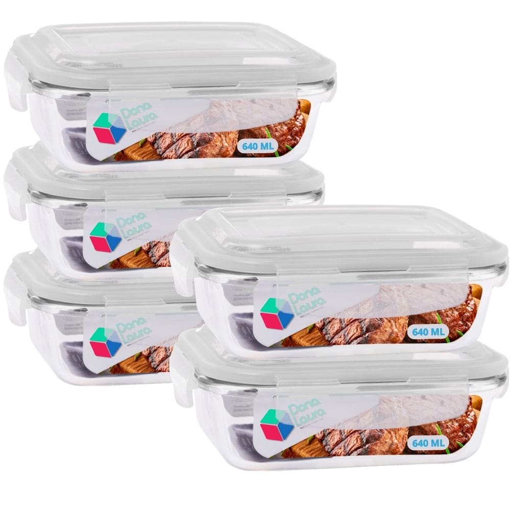Jogo 5 Potes Marmitas Fitness 640ml Vidro Retangular Tampa Hermetico