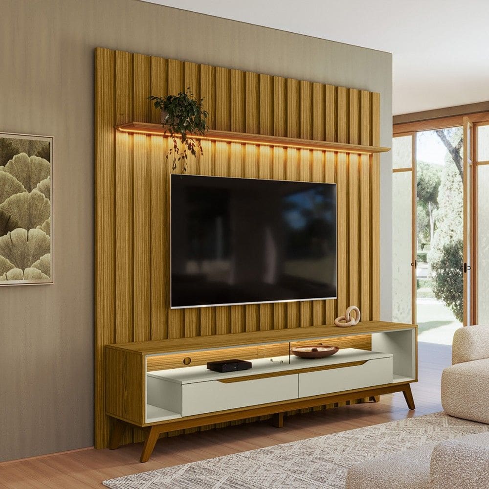 Rack Duo Pés Madeira e Painel Ripado com Led London 177cm TV 70 Polegadas - Olivar Móveis