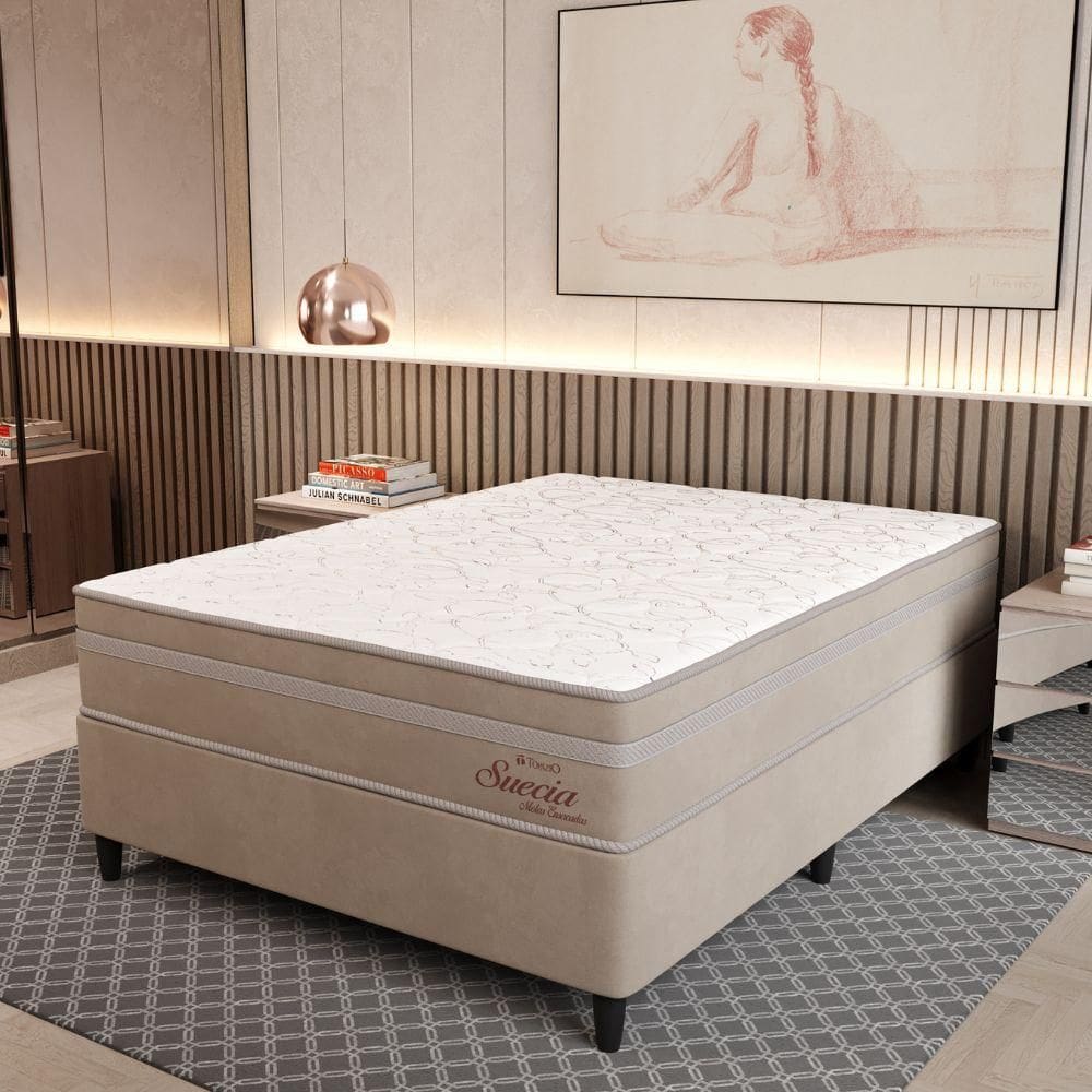 Cama Box Casal (138X188) D26 Molas Ensacadas Creme Suede Suecia Topazio Colchões
