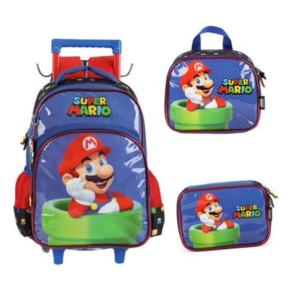 Kit Mochila Carrinho Lancheira Estojo Super Mario