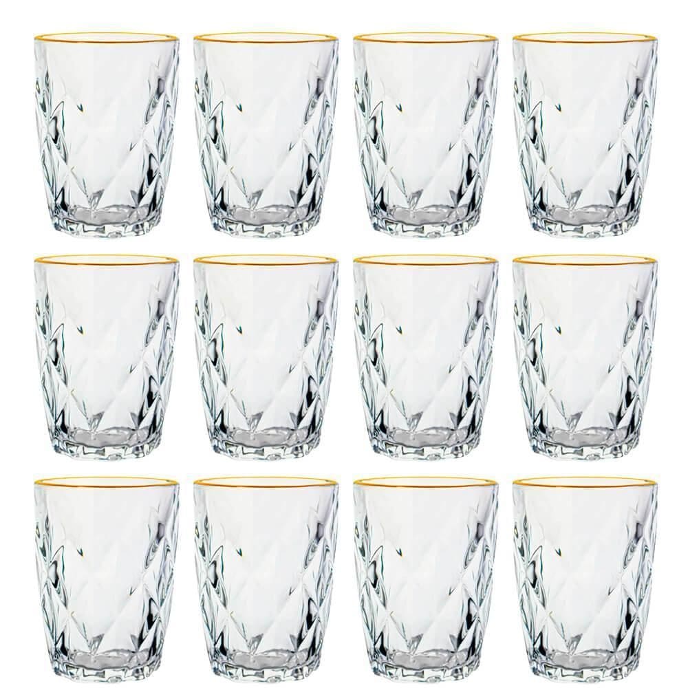 Jogo Copos Vidro Diamond Fio Ouro 270Ml 12 Peças Lyor