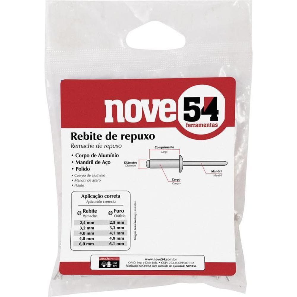 Rebite Repuxo De Alumínio 4,0X8,0Mm Mandril Aço Com 100 Peça