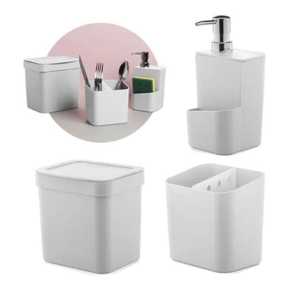 Jogo 3 Pçs De Cozinha Pia Trium Porta Detergente Lixeira